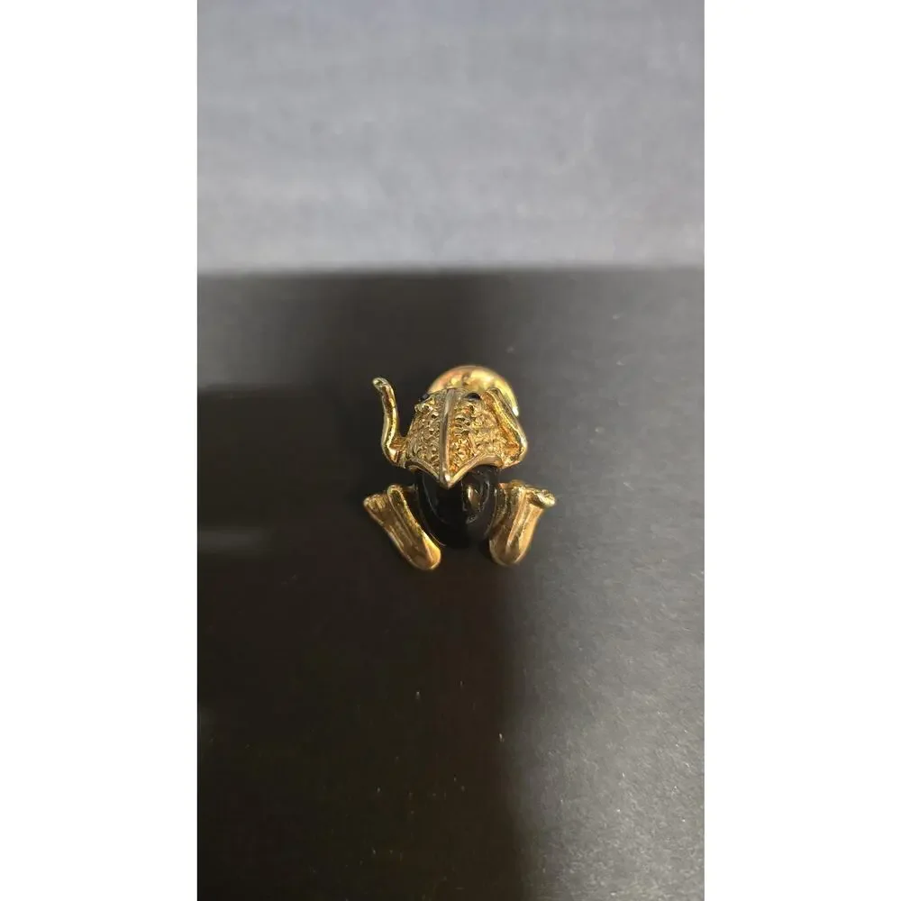 Gold Tone Frog Lapel Pin Black Cabochon Jelly Belly Tie Tack Costume Jewelry